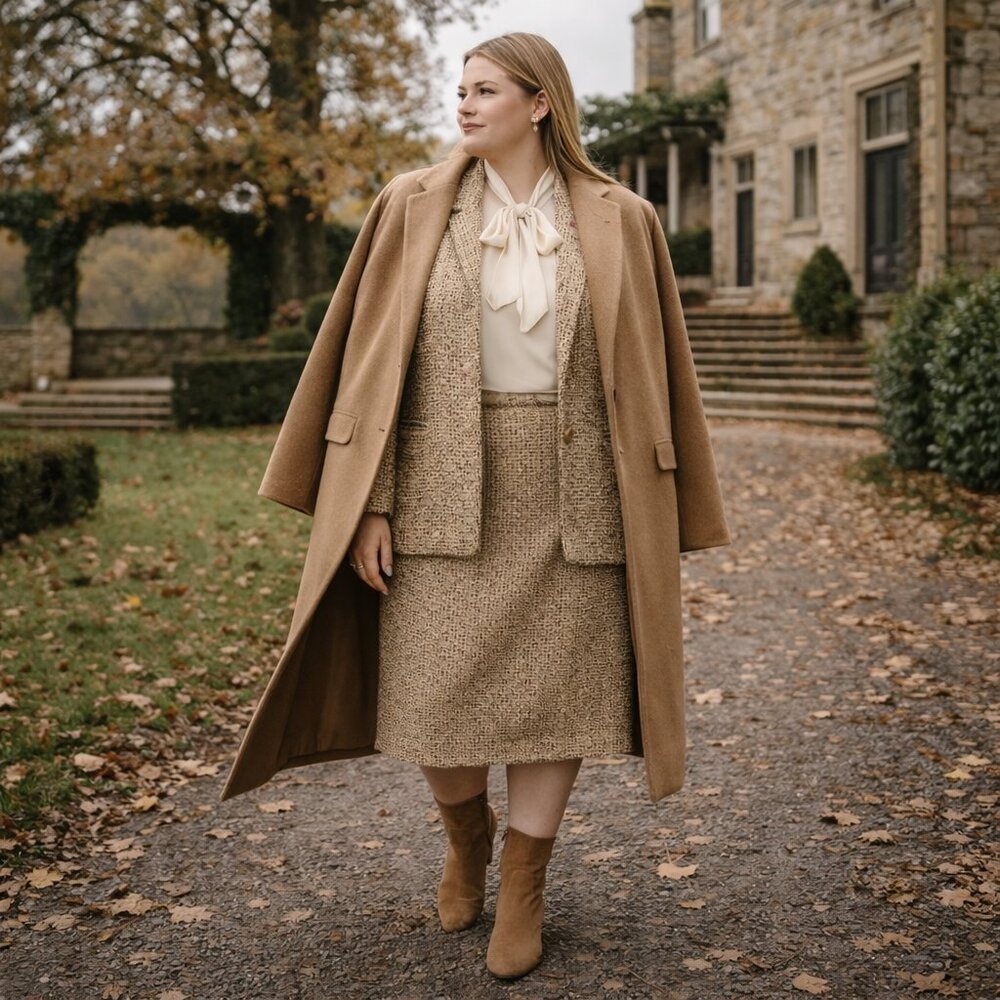 🌾 Maggie Barnes Tweed Skirt Suit – Warm Neutral Estate Set – Size 18